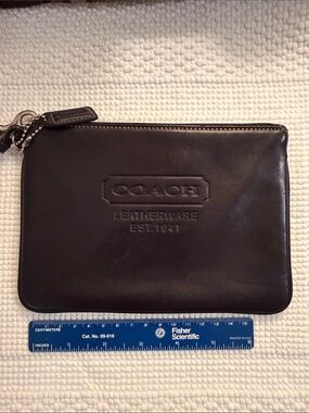 Coach Black Leather Zip Pouch Wristlet with Embossed Logo